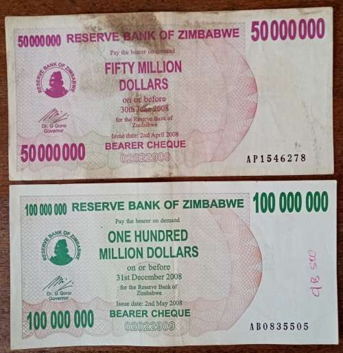 2008 Zimbabwe 50 million and 100 million dollars bearer cheques