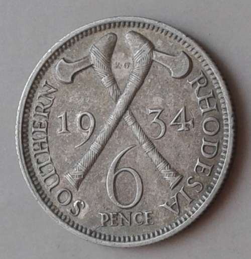 Scarcer 1934 Southern Rhodesia sterling silver sixpence in VF