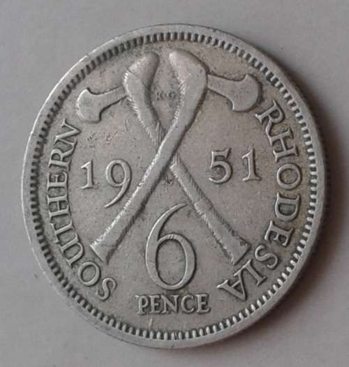 1951 Southern Rhodesia nickel sixpence