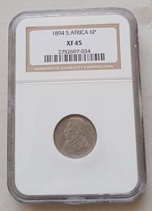 Nice 1894 ZAR Kruger silver sixpence NGC XF45