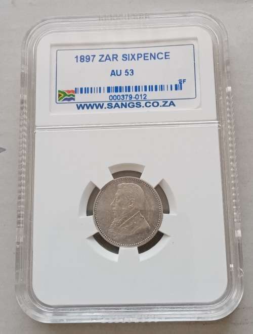1897 ZAR Kruger silver sixpence SANGS AU53