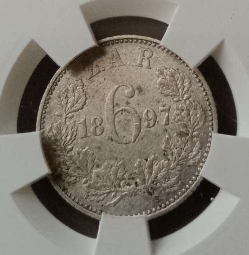 1897 ZAR Kruger silver sixpence SANGS AU53