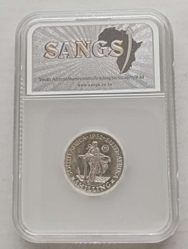 High grade 1932 union silver shilling SANGS graded AU55