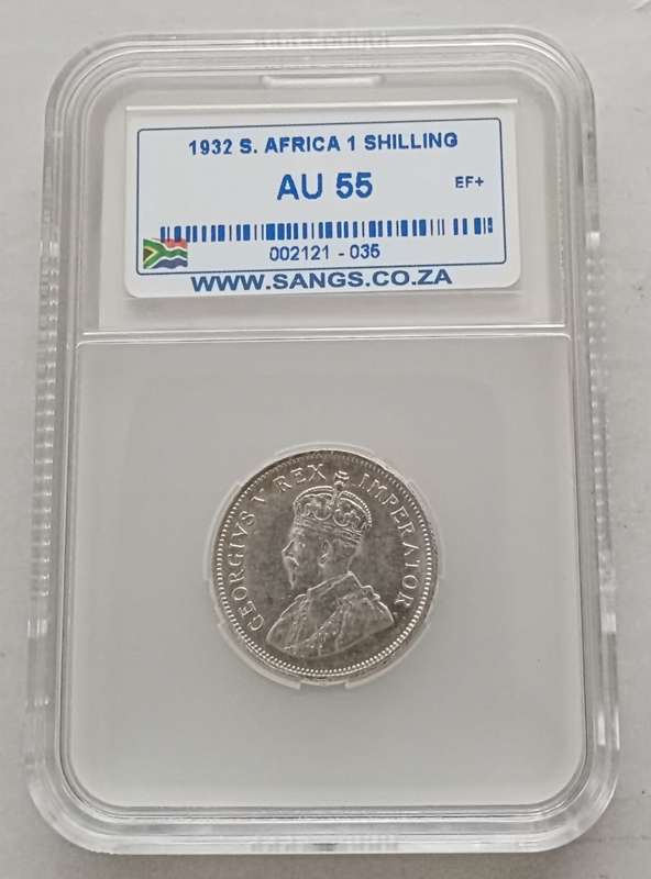 High grade 1932 union silver shilling SANGS graded AU55