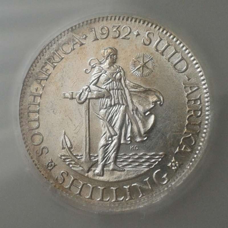 High grade 1932 union silver shilling SANGS graded AU55