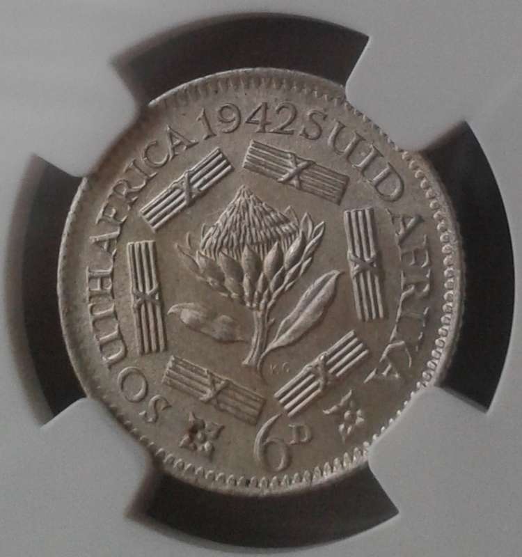 Nice 1942 union silver sixpence NGC MS63 with multiple obverse die cracks