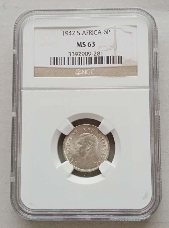 Nice 1942 union silver sixpence NGC MS63 with multiple obverse die cracks