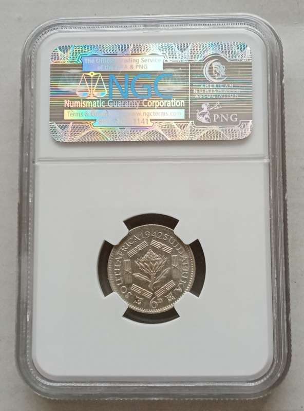 Nice 1942 union silver sixpence NGC MS63 with multiple obverse die cracks