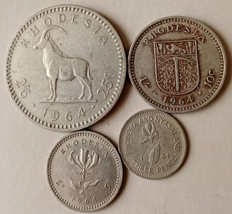 1964 Rhodesia 4 coin set(25c-threepence).
