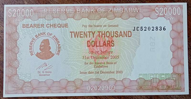 2005 Zimbabwe $20000 bearer cheque in AU