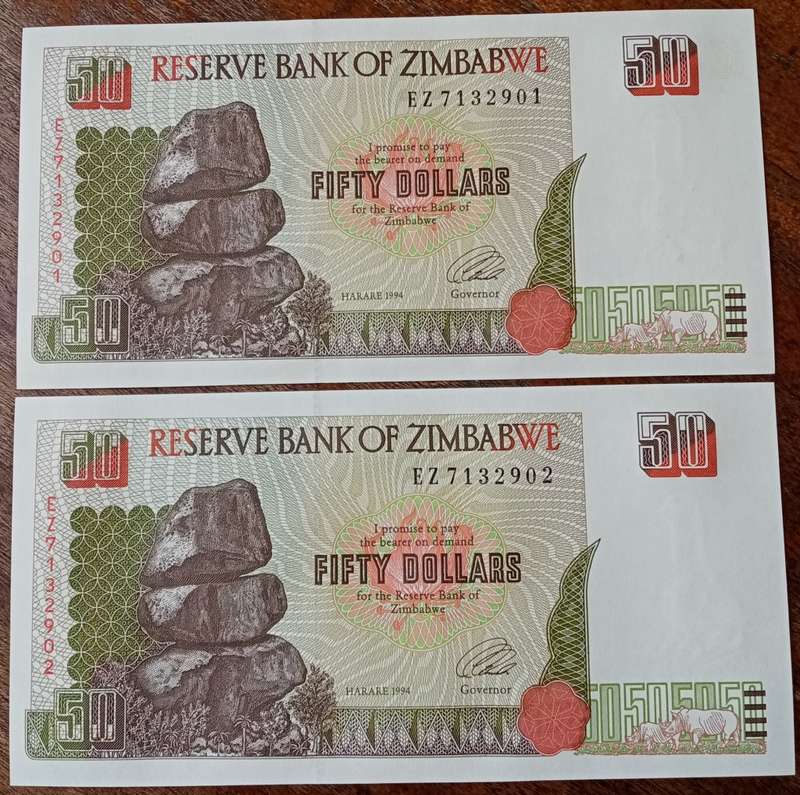 1994 Zimbabwe $50 set in sequence (AU+/UNC)