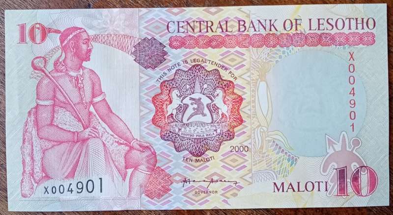 Scarce 2000 Lesotho uncirculated 10 Maloti replacement note (low number)
