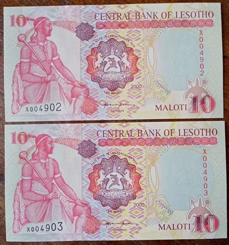 Scarce 2000 Lesotho uncirculated 10 Maloti replacement note set in sequence (low number)