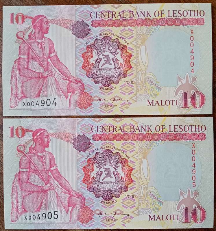 Scarce 2000 Lesotho uncirculated 10 Maloti replacement note set in sequence (low number)
