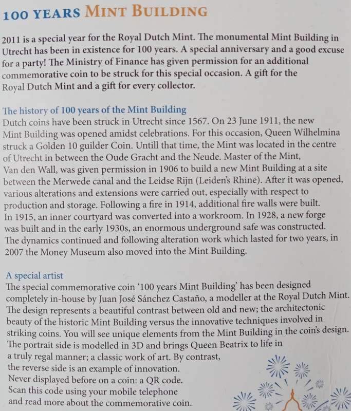 2011 Netherlands proof silver 5 Euro in folder (100th Anniversary of The Royal Dutch Mint)