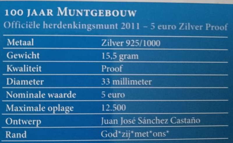 2011 Netherlands proof silver 5 Euro in folder (100th Anniversary of The Royal Dutch Mint)