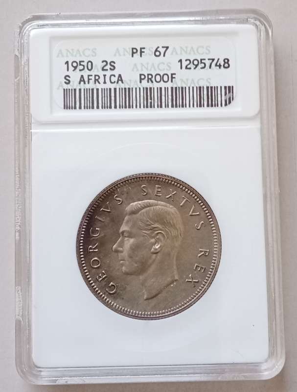 Rare 1950 union proof silver 2 Shillings ANACS PF67 (Top Pop) Finest Known