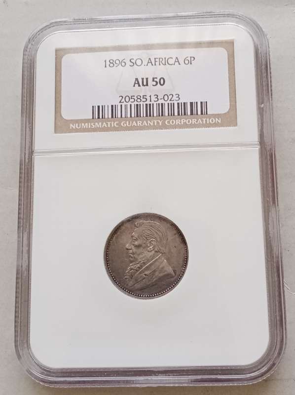 Nice 1896 ZAR Kruger silver sixpence NGC AU50