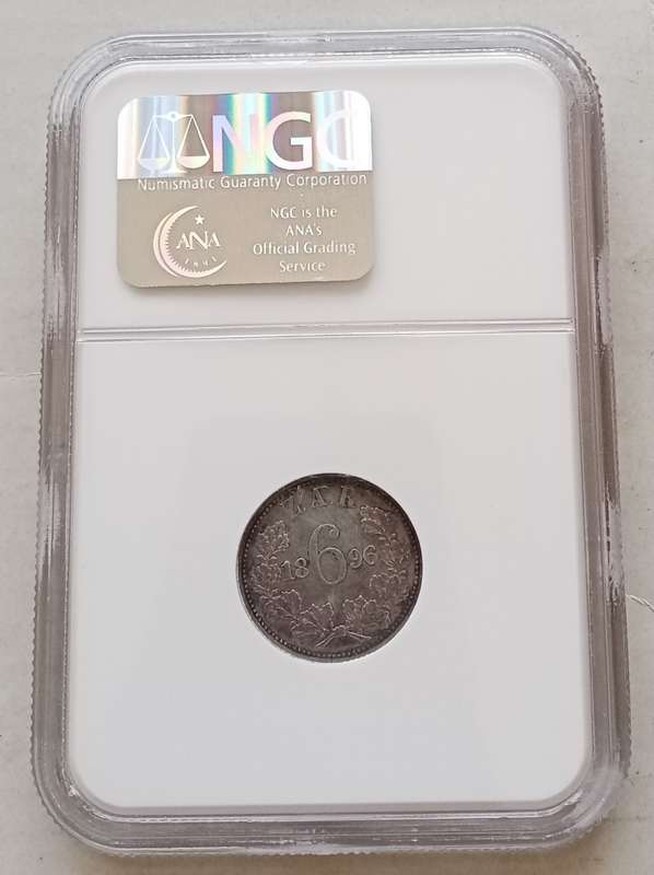 Nice 1896 ZAR Kruger silver sixpence NGC AU50