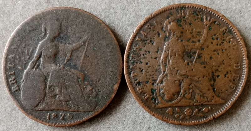 Well circulated 1826 British 1st and 2nd issue farthing set