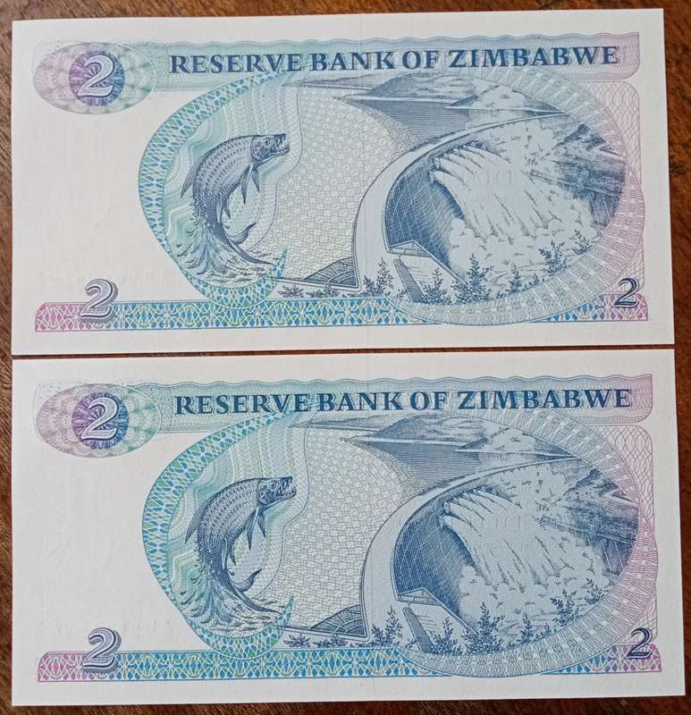 1994 Zimbabwe uncirculated $2 set in sequence (Long neck watermark)
