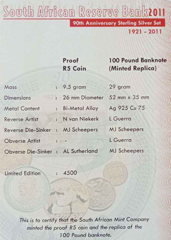 2011 SARB 90th Anniversary set with proof R5 & silver 100 pound note replica medallion