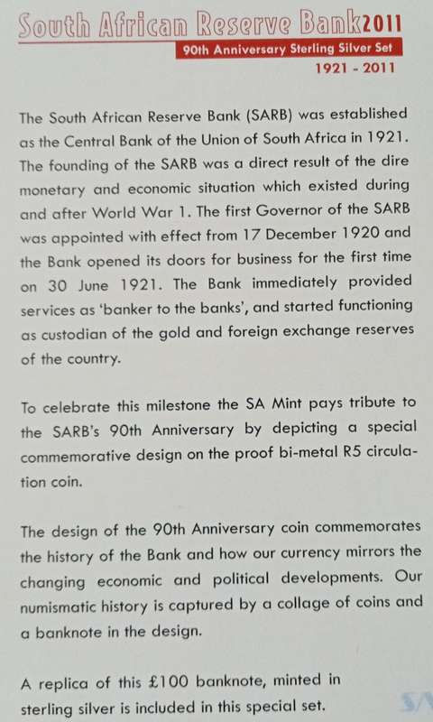 2011 SARB 90th Anniversary set with proof R5 & silver 100 pound note replica medallion