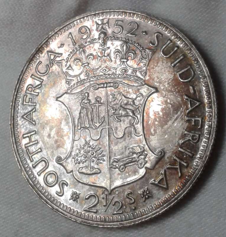 1952 Union proof silver 2 1/2 Shillings with iridescent toning