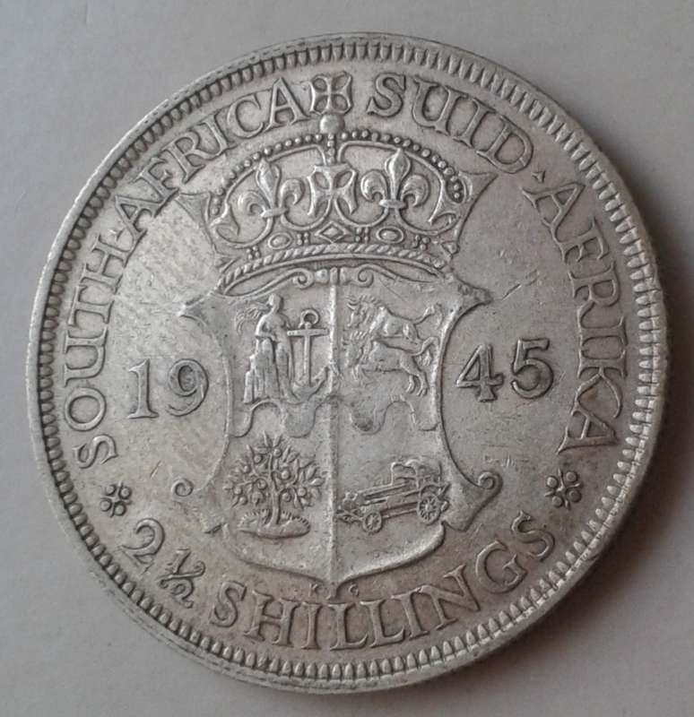 1945 Union silver 2 1/2 Shillings in VF+ with big die crack