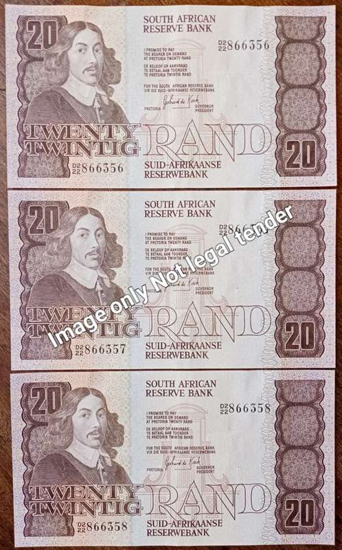 1981 GPC de Kock set of x3 consecutive R20 notes in XF