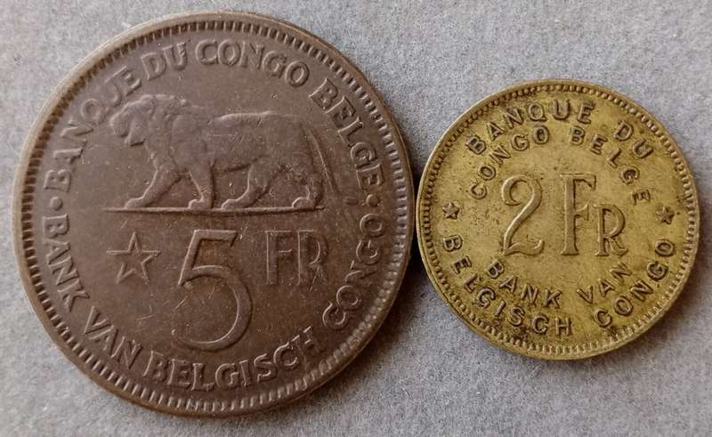 Nice 1937 Belgian Congo 5 Francs & 1947 2 Francs set