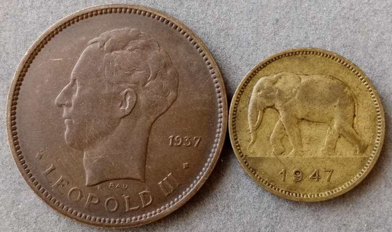 Nice 1937 Belgian Congo 5 Francs & 1947 2 Francs set