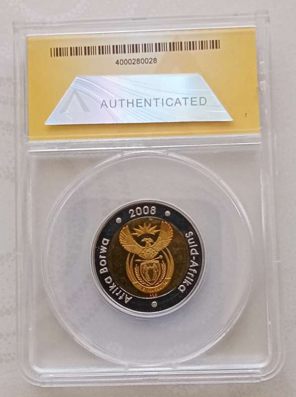 2008 Mandela 90th bday proof `Mirrored Rand` R5 ANACS PR68 DCAM