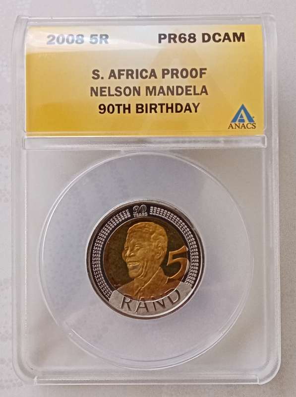 2008 Mandela 90th bday proof `Mirrored Rand` R5 ANACS PR68 DCAM
