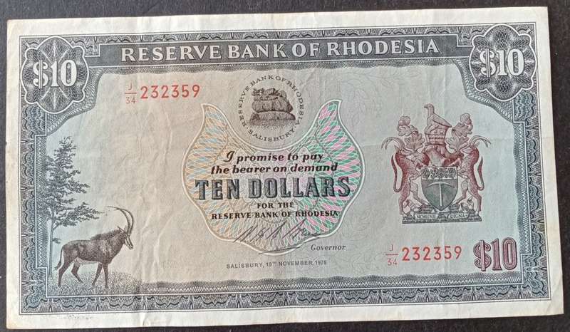 Nice 1975 Rhodesia $10 note in VF (Rhodes watermark)