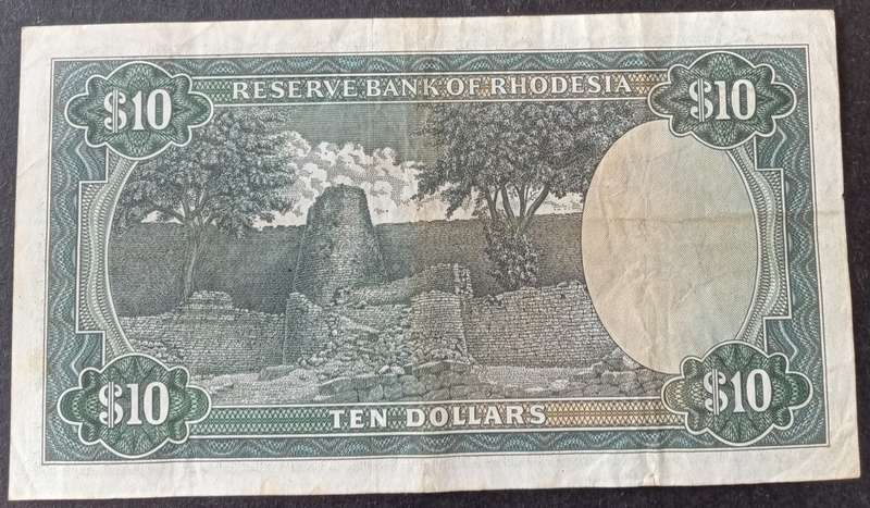 Nice 1975 Rhodesia $10 note in VF (Rhodes watermark)