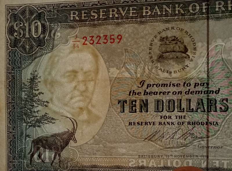 Nice 1975 Rhodesia $10 note in VF (Rhodes watermark)