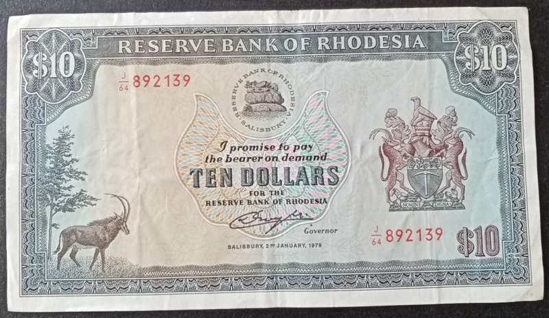 Nice 1979 Rhodesia $10 note in VF (Bird watermark)