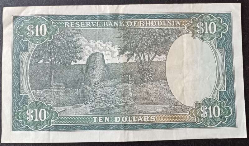Nice 1979 Rhodesia $10 note in VF (Bird watermark)