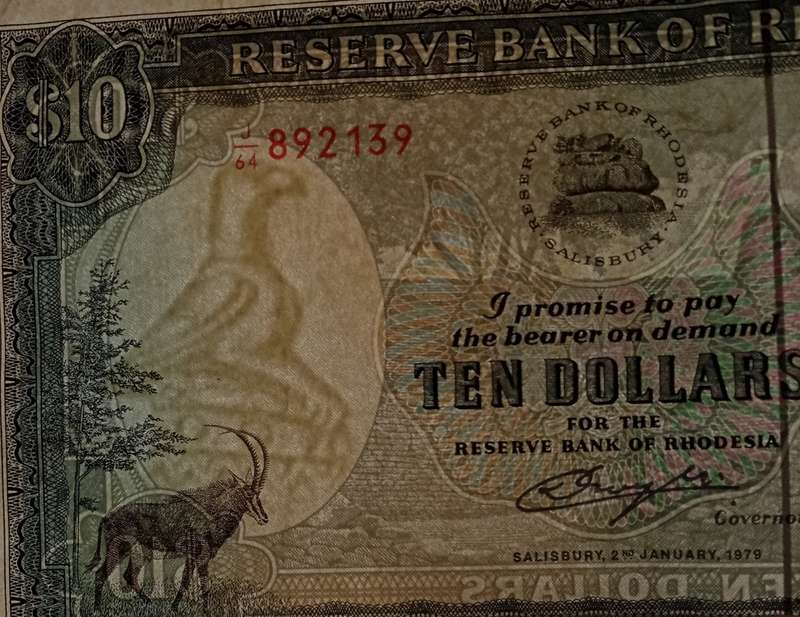 Nice 1979 Rhodesia $10 note in VF (Bird watermark)
