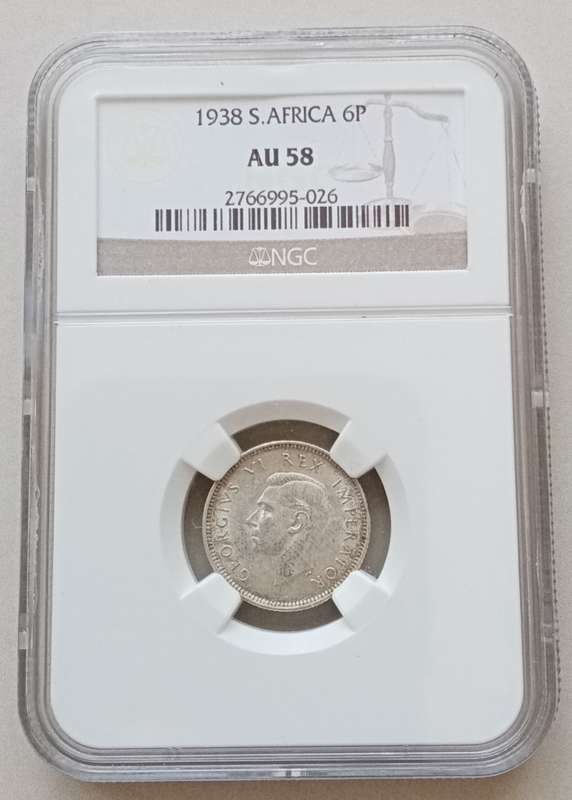 High grade 1938 union silver sixpence NGC AU58 (Almost Mint State)
