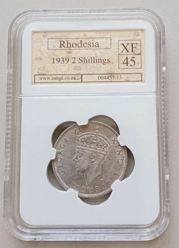 Rare 1939 Southern Rhodesia sterling silver 2 Shillings SANGS XF45 (Key date) CV $325