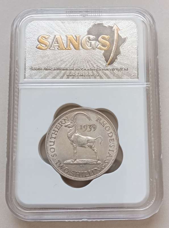 Rare 1939 Southern Rhodesia sterling silver 2 Shillings SANGS XF45 (Key date) CV $325