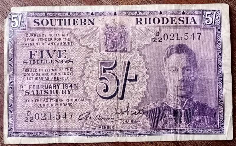 Scarce 1945 Southern Rhodesia 5 Shillings note in VG