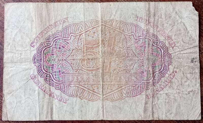Scarce 1945 Southern Rhodesia 5 Shillings note in VG