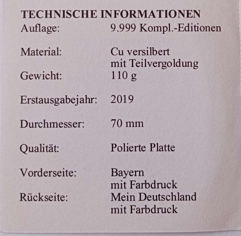 Large 70mm encapsulated German silver/gold plated proof medal incl.certificate (Bavaria)