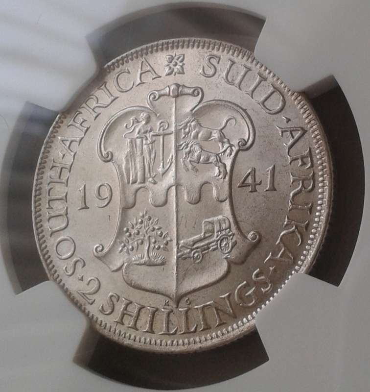 High grade 1941 union silver 2 Shillings NGC AU58