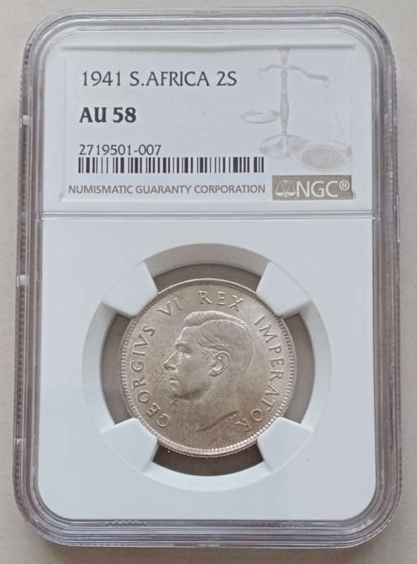 High grade 1941 union silver 2 Shillings NGC AU58