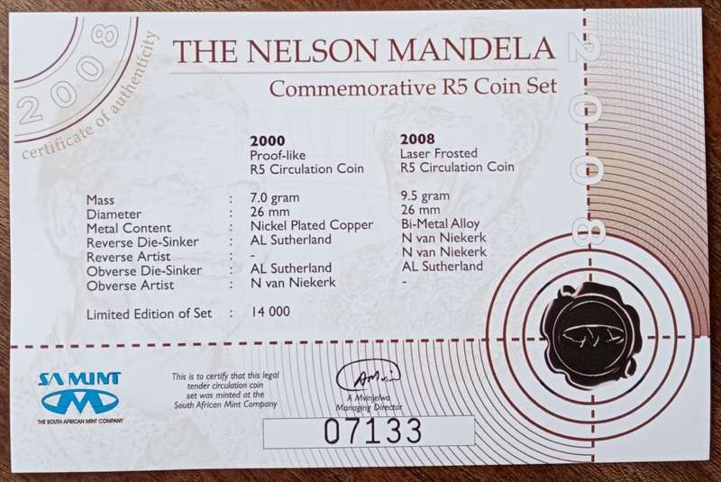 Nelson Mandela commemorative R5 coin set in case with certificate