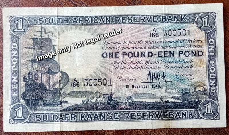 1946 M.H de Kock 1st issue 1 Pound note.